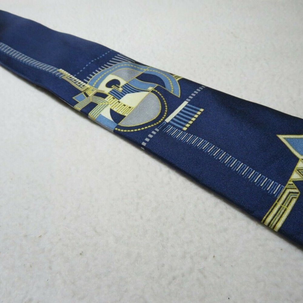 FRANK LLOYD Tie Fireplace Relief Hollyhock House 100% Silk Blue Abstract - Picture 9 of 9